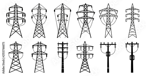 Transmission towers and utility poles vector illustration showing electrical distribution infrastructure, power lines, energy networks, and black and white engineering line art.