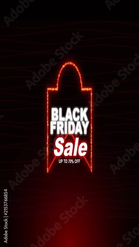 A vertical promotional banner featuring a glowing neon shopping bag outline with text announcing a big seasonal discount event motion, animation, loop, video