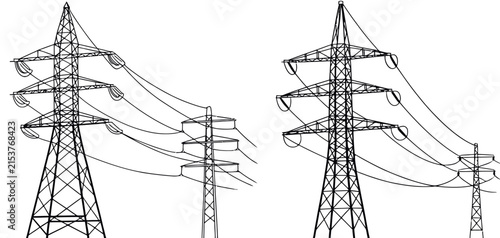 Electrical transmission towers vector featuring high voltage pylons, power lines, lattice steel structures, utility poles, insulators, and energy distribution infrastructure.