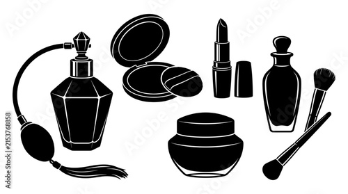 Bild auf Leinwand Black silhouette collection of cosmetic products including perfume bottle, powde