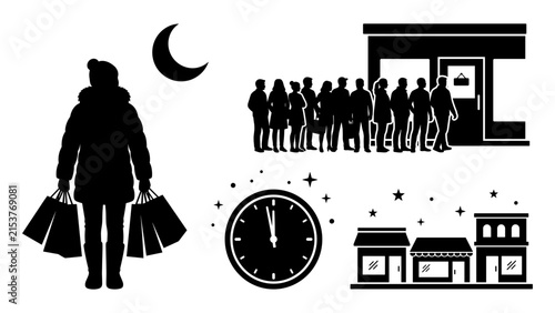 Black silhouette of midnight shopping, including a shopper with bags, a queue outside a store, a clock striking twelve, and retail buildings on a white background