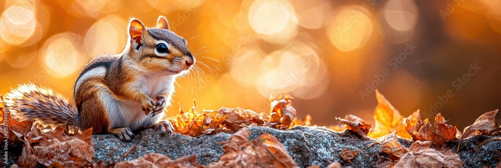 Fototapeta premium A chipmunk is perched on a weathered concrete wall, surrounded by fallen autumn leaves