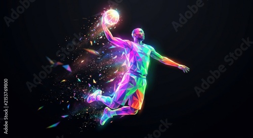 Abstract rainbow basketball player in mid-air slam dunk action