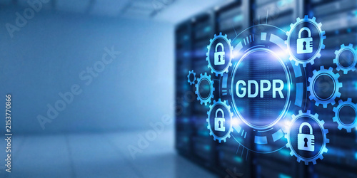 GDPR data protection concept with lock and gear icons in server room representing privacy regulation and cybersecurity compliance
