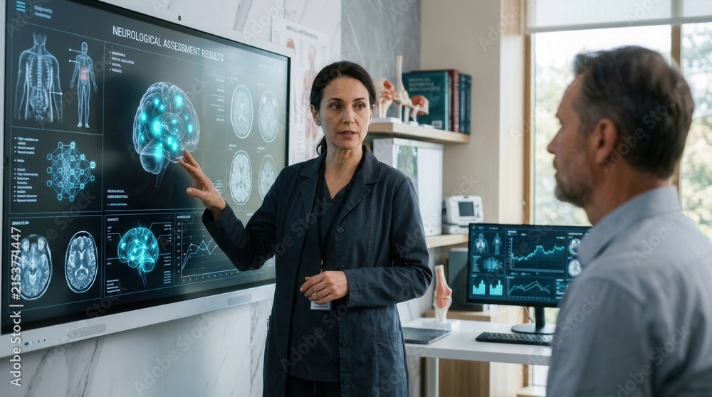 Fototapeta premium Medical Professionals Analyzing Neurological Data On Large Interactive Display