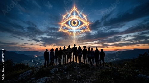 Silhouetted group of people standing on a hilltop at sunset looking at an all-seeing eye symbol.