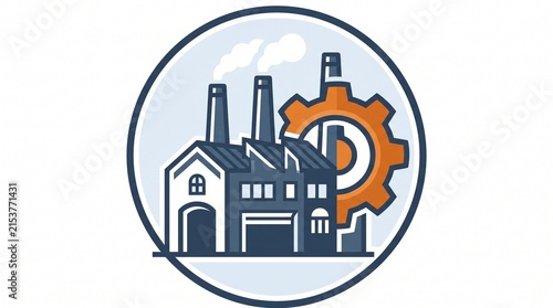 Factory building with smokestacks and gear wheel symbolizes industry and production.