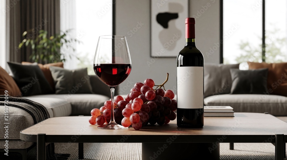Obraz premium Red wine bottle, glass with fresh grapes on wooden coffee table. Modern living room interior with sofa, plants in background. Elegant lifestyle setting for relaxation, evening leisure at home.