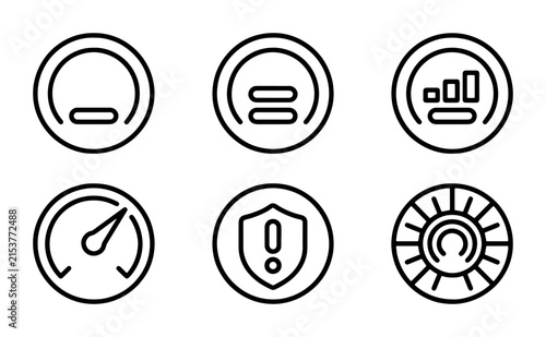 Modern Minimalist Circular Icons: Gauge, Settings, Analytics, Speedometer, Security, Sunburst