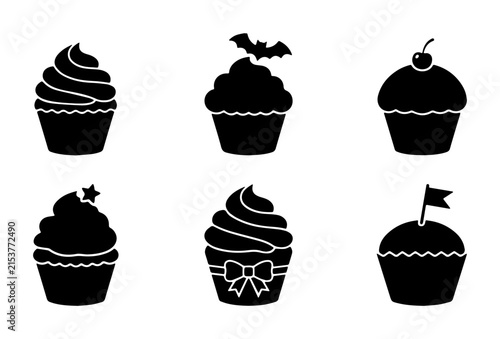 Six Black Silhouette Cupcake Icons, Sweet Dessert Vector Graphics, Festive Treat Illustrations, Party Food Symbols