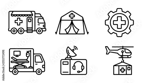Medical Emergency Icons: Ambulance, Tent, Helicopter, Gear, Satellite, Vector Set for Healthcare