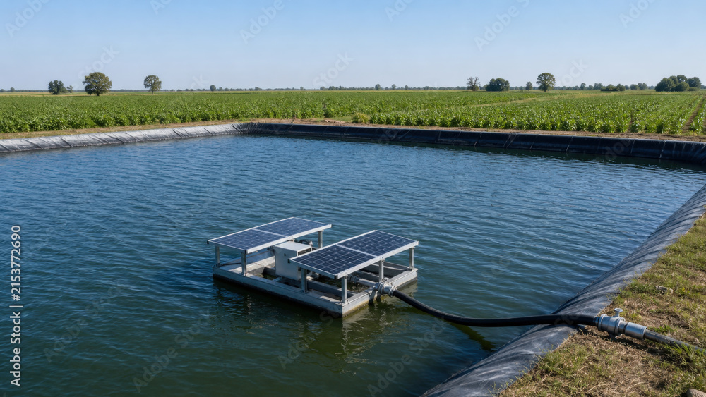 Naklejka premium Rainwater Irrigation Reservoir with Floating Solar Powered Pump