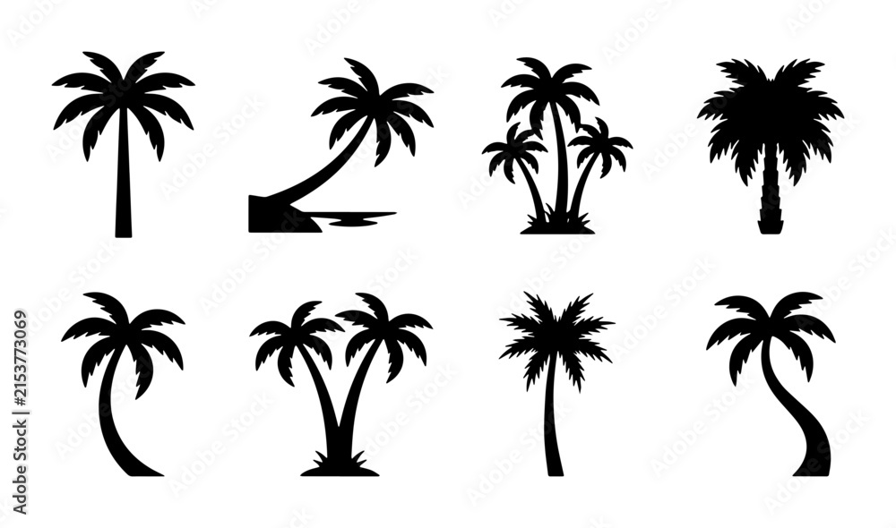 Naklejka premium Tropical Palm Tree Silhouettes Vector Icons, Beach Vacation & Summer Holiday Elements, Island Paradise Nature Graphics