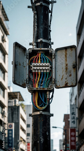 Urban utility pole shows open junction box with colorful electrical wires. Power distribution cables connect, network infrastructure outdoors. City buildings blur background.