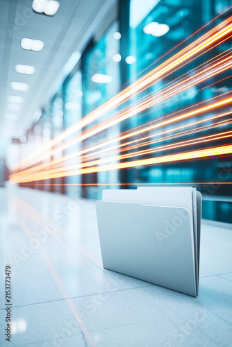 architectural style illustration of a digital information hub. A silver folder rests on a glossy floor while thousands of blue and orange threads of data lead into a sharp glowing holographic 