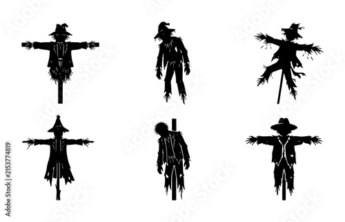 Fotografía Scarecrow Silhouettes Vector Icons, Spooky Halloween Characters, Autumn Harvest