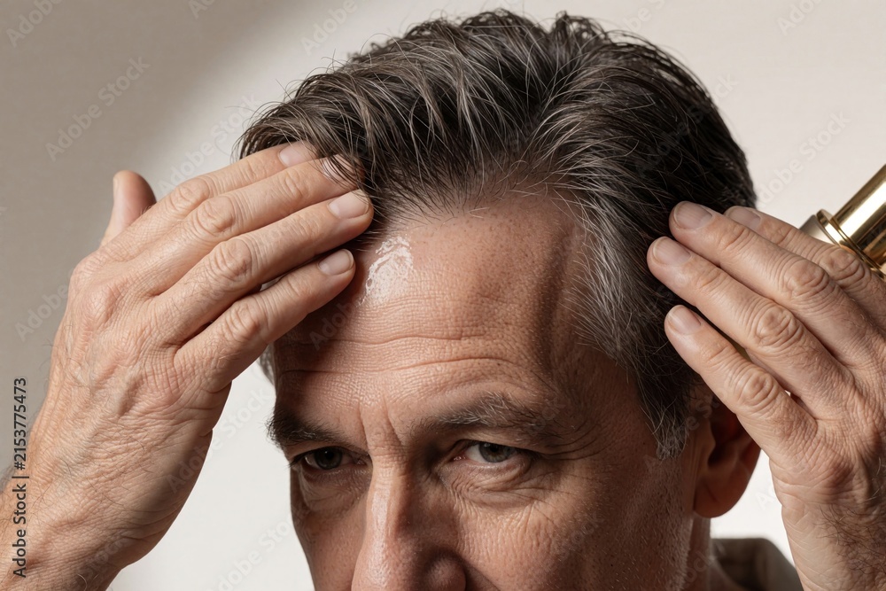 Fototapeta premium Middle aged man applies hair serum to scalp for treatment. Mature male uses cosmetic lotion to prevent hair loss, alopecia. Person cares for thinning grey hair in bathroom. Skin care routine for