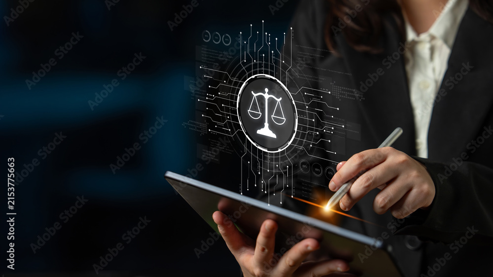Obraz premium Futuristic digital law interface displaying justice scale, highlighting digital law, AI compliance, digital law systems, and digital law regulations for secure governance. Spline