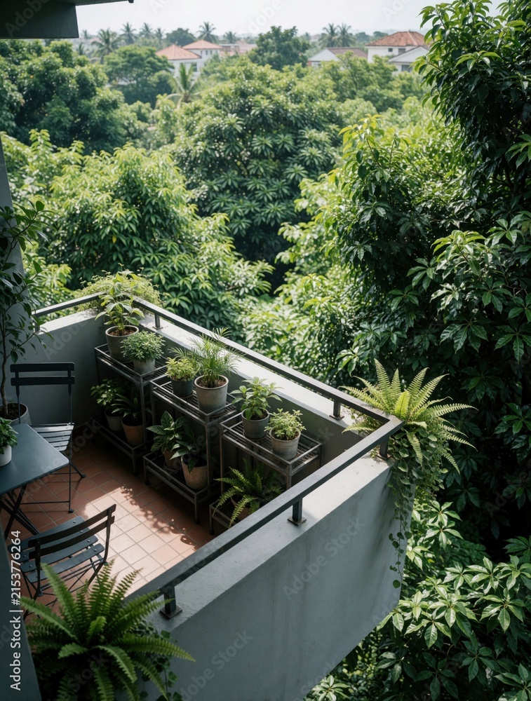 Obraz premium Modern balcony with many potted plants overlooks tropical forest. Small garden furniture sits on tiled floor near green ferns. Scenic view of dense trees, distant houses under bright sky. Peaceful