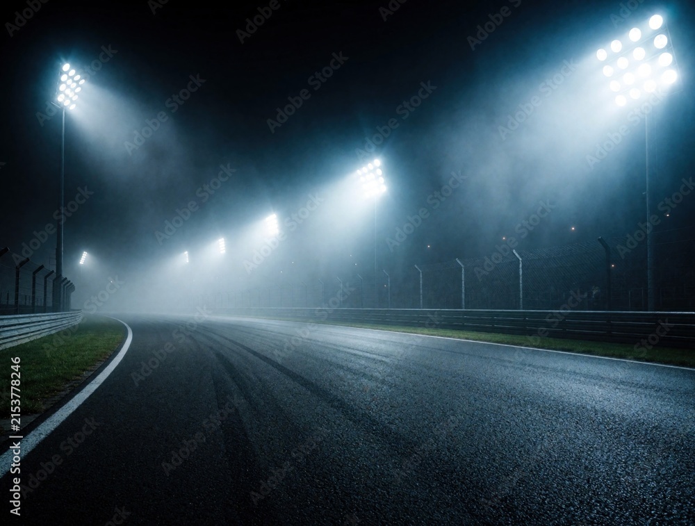 Fototapeta premium Empty race track under bright spotlights at night. Thick fog obscures stadium lights illuminating asphalt course. Dramatic scene creates atmosphere of speed and mystery.
