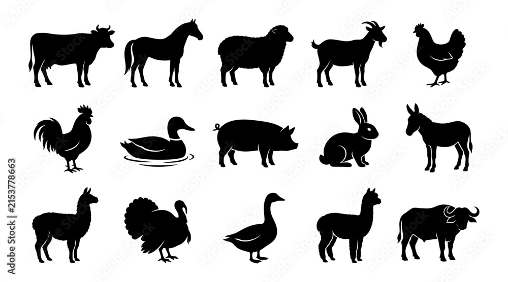 Naklejka premium Set of farm animal silhouettes isolated on white background with livestock silhouette chickens