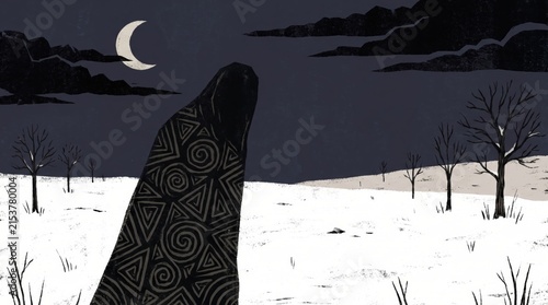 Ancient carved stone monolith with geometric patterns stands in barren snowy landscape under crescent moon for winter folklore.