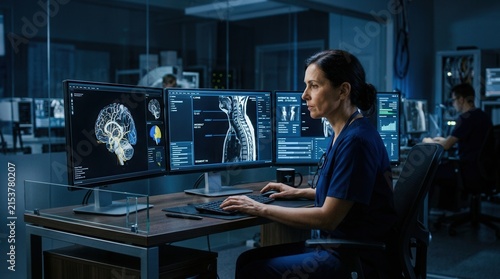 Medical Professional Analyzing Brain Scans On Advanced Computer Monitors