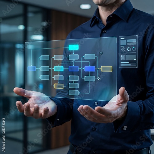 Corporate process management concept featuring holographic workflow architecture and interconnected enterprise technology systems