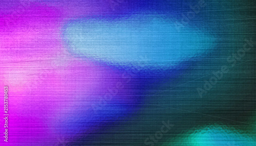A vibrant scratched metal surface glows magenta and blue at the edges fading into teal, with visible scuff lines and fine grain adding an energetic, cyber-industrial mood.