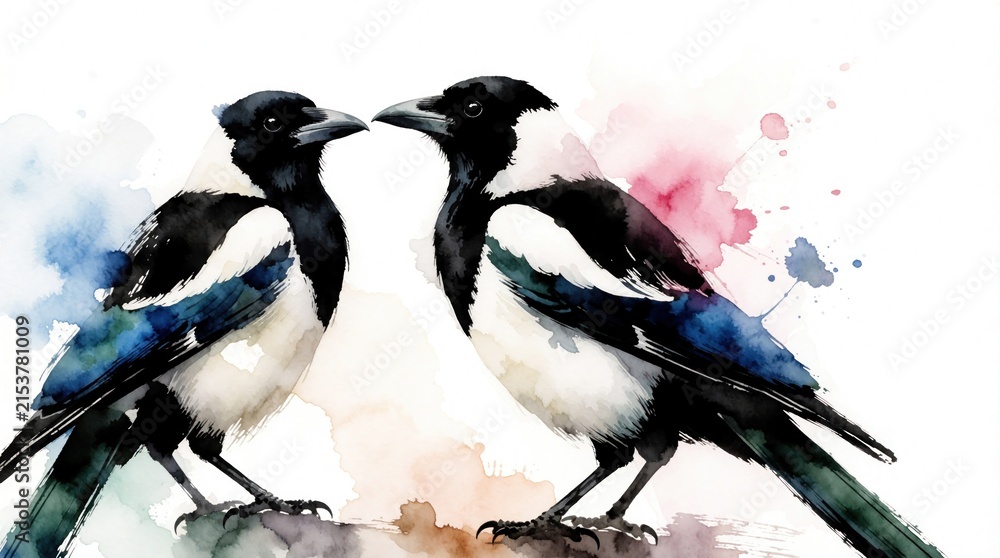 Fototapeta premium Two watercolor magpies face with colorful abstract splashes. Artistic illustration shows pair of birds against white background. Delicate painting style creates elegant, whimsical avian art.