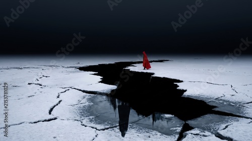 Solitary red-cloaked figure standing on a cracked ice sheet looking into deep chasm.