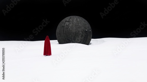 Minimalist red hooded figure facing massive dark stone sphere on flat white snowy arctic landscape.