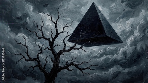 Dark pyramid floats in stormy sky near silhouetted bare tree branches for abstract dark fantasy or ominous mood.