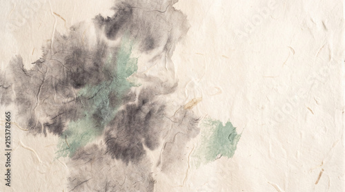 Korean Handmade Paper Texture with Charcoal and Sage Ink Wash