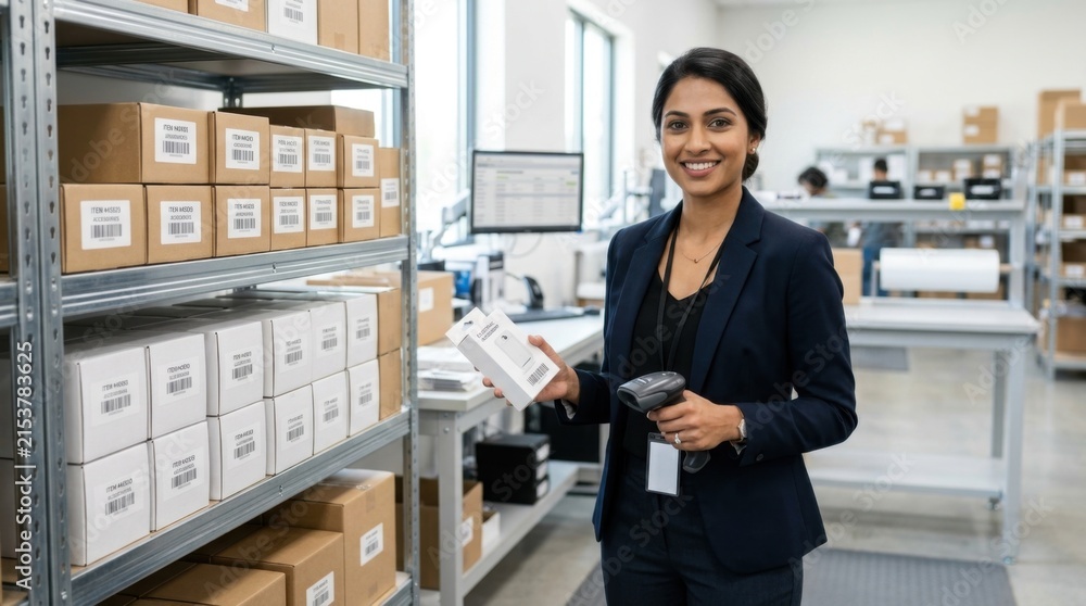 Fototapeta premium Professional South Asian female pharmacist holding prescription medication in modern pharmacy