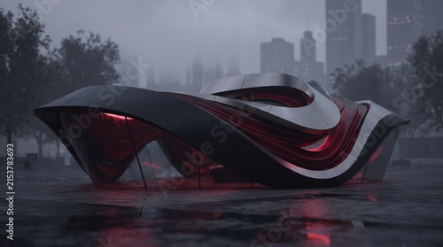 Modern parametric pavilion with sleek red glow stands in rainy city park setting.