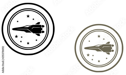 Two circular military aviation badge emblems featuring a fighter jet silhouette with stars in black outline and olive styles, bold vector icons perfect for aerospace, air force, and patriotic design p