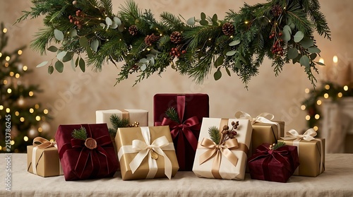 Christmas Gifts Wrapped in Gold and Burgundy Under Evergreen Garland