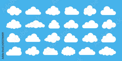 Collection of white fluffy clouds isolated on a bright blue sky background vector illustration.
