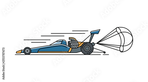 Side View Illustration of a Drag Racing Car Deploying a Brake Parachute for Speed