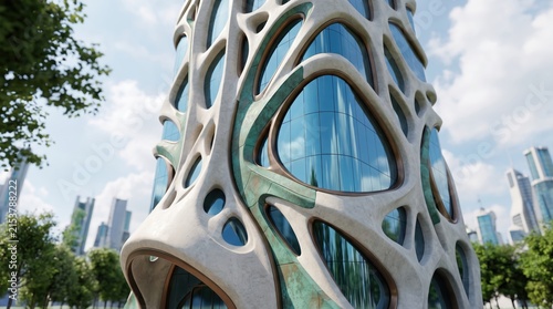 Futuristic skyscraper with organic biomorphic curves and blue glass curtain walls.