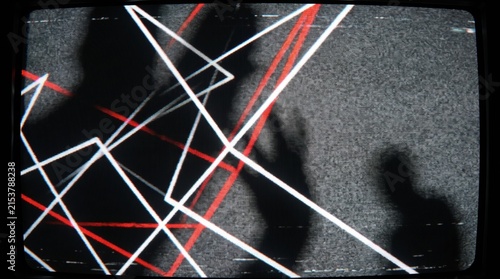 Static distortion screen effect with geometric red and white lines on CRT TV.