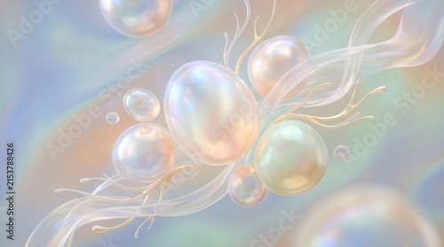 Soft pastel pearls and organic shapes with iridescent glow.