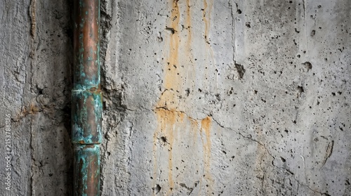 Weathered copper pipe against cracked concrete wall with rust stains and texture.