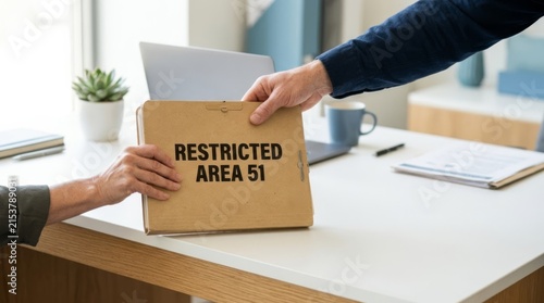 Two hands exchange a 'RESTRICTED AREA 51' folder in a bright office, implying secrets and classified information exchange.