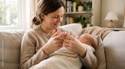 Mother holding her newborn baby gently on a sofa with a soft blanket