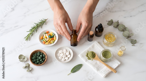 Natural supplements and herbal remedies arranged on a marble surface