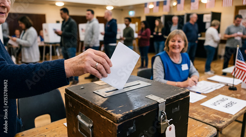 Voter casting ballot into wooden ballot box at polling station during election day