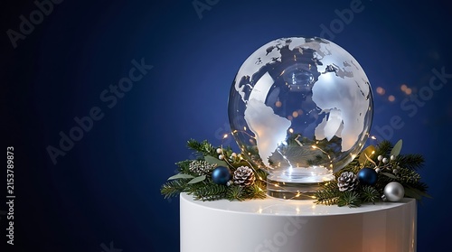 Transparent Globe with Christmas Garland and Lights on White Pedestal