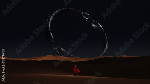 Lone traveler in red cape faces giant metallic ring floating over dark desert sand dunes.